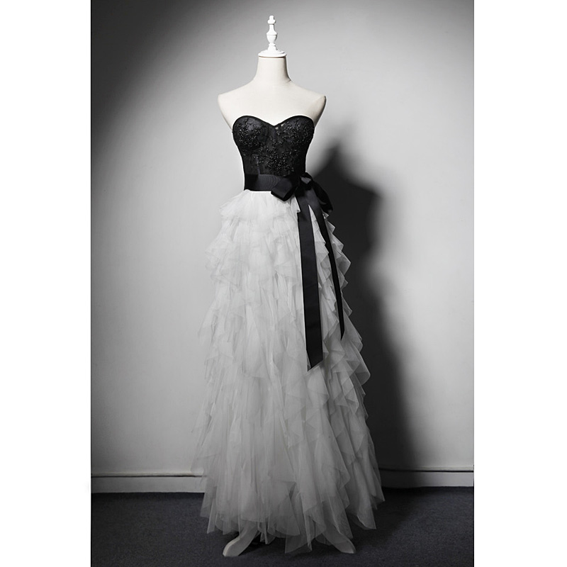 Lace Beaded Black And White Bustier Dress Prom Event Annual Meeting Host Birthday Party Long Dress
