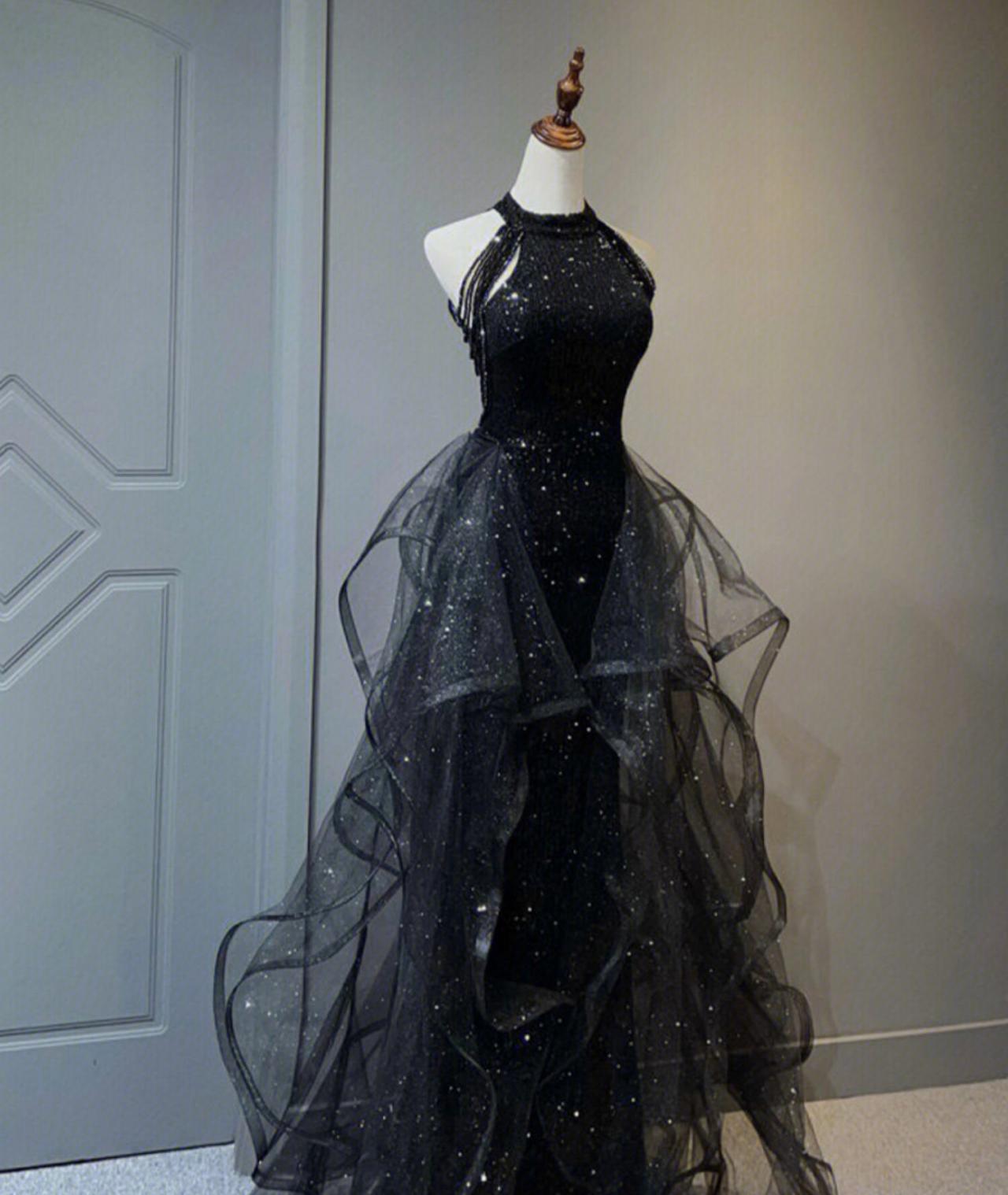 Black Evening Dress High-end Luxury Niche Hanging Neck Dresses Senior Sense Of Annual Meeting Temperament Sequins Female