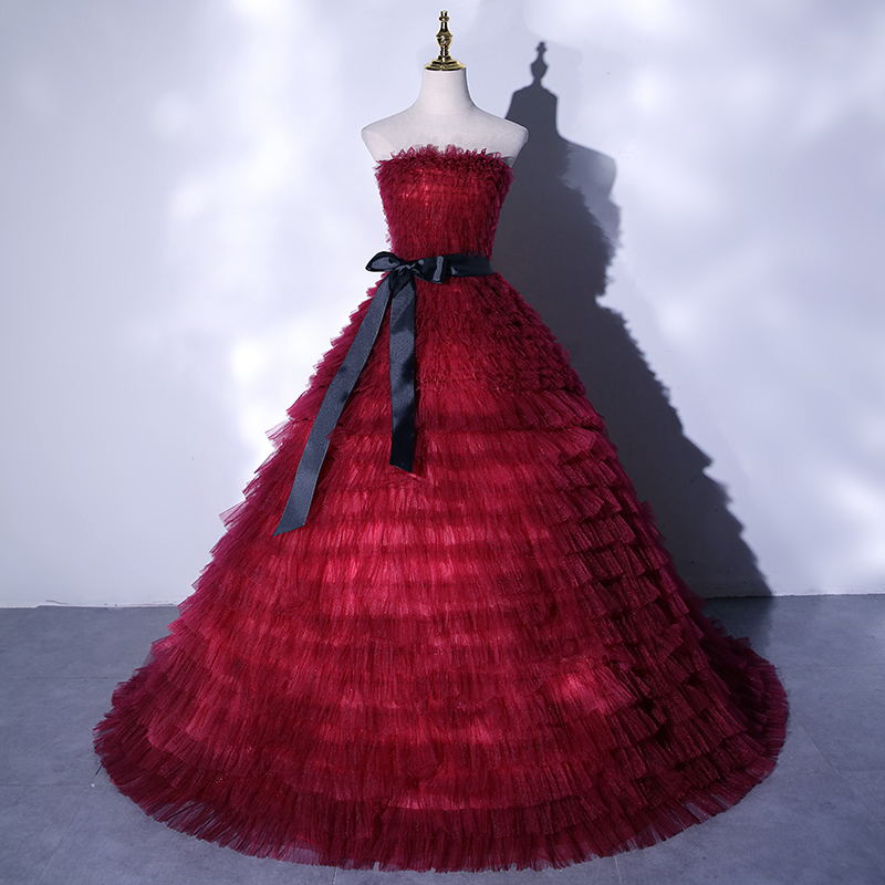 Gorgeous Wine Red Art Exam Host Solo Travel Puffy Dress Light Gauze Performance Elegant Thin