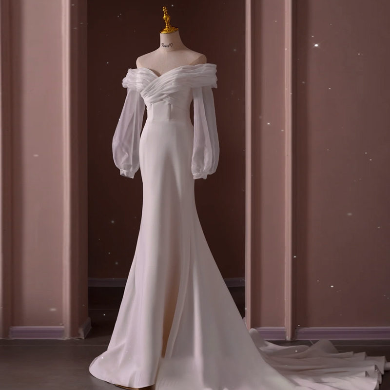 One-shoulder Long-sleeved Light Wedding Dress Simple Satin Slim Fishtail Bridal Gown Dress Female