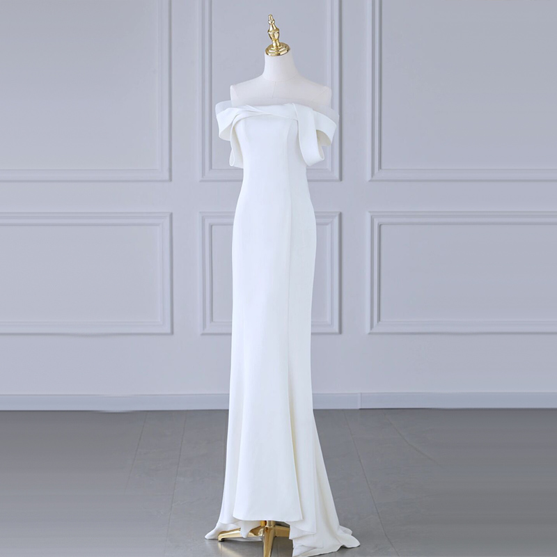 Temperament A Shoulder Light Wedding Dress Bride Simple Satin Fishtail Welcome Evening Dress Female