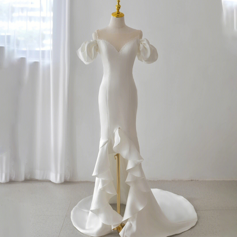 Temperament fishtail light wedding dress high-end niche a shoulder travel yarn new bridal evening dresses summer 