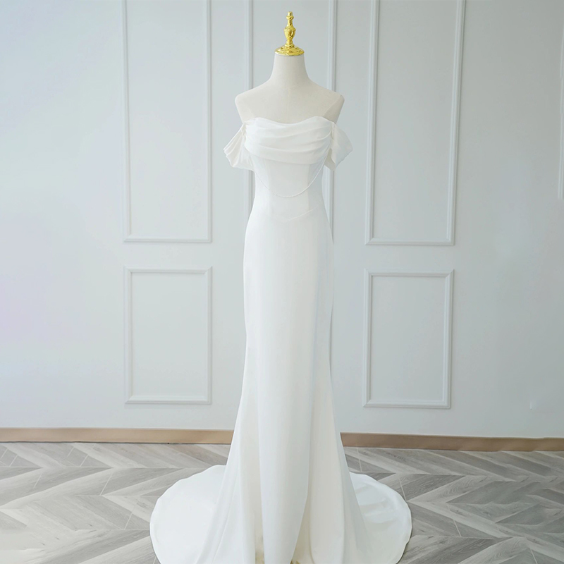 One-shoulder light wedding dresses new bride satin vintage travel out of the door gown senior fishtail evening dress 