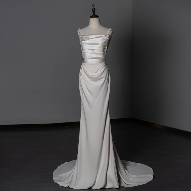 Satin light wedding dress bride halter simple atmosphere out of doors yarn small trailing temperament fishtail dress 