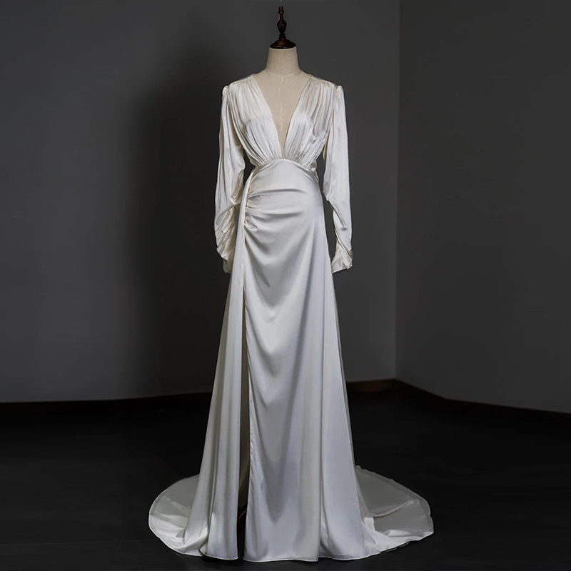 Satin Long-sleeved Light Wedding Dress Bride Elegant Temperament V-neck Thin Out Of Doors Yarn Trailing Dress