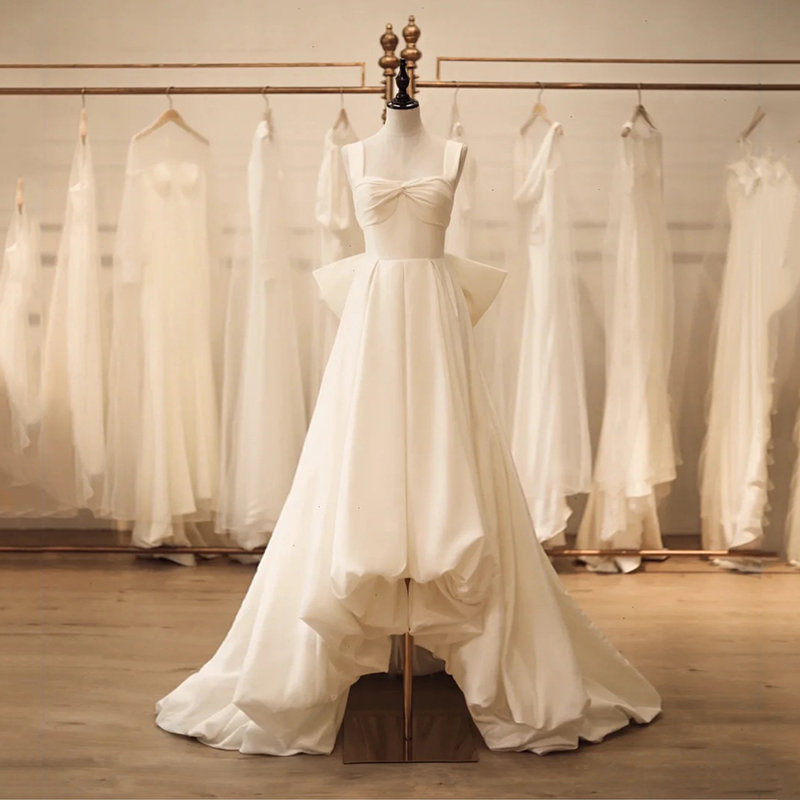 Satin Light Wedding Dress Bride Simple Bow Halter Satin Backless Out Of Doors Dresses