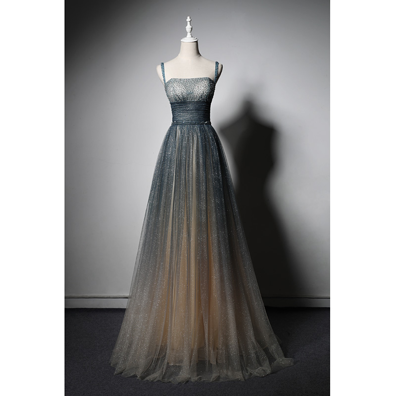 Gray And Blue Breasted Gold Powder Mesh Birthday Party Host Princess Evening Dress Light Wedding Dress