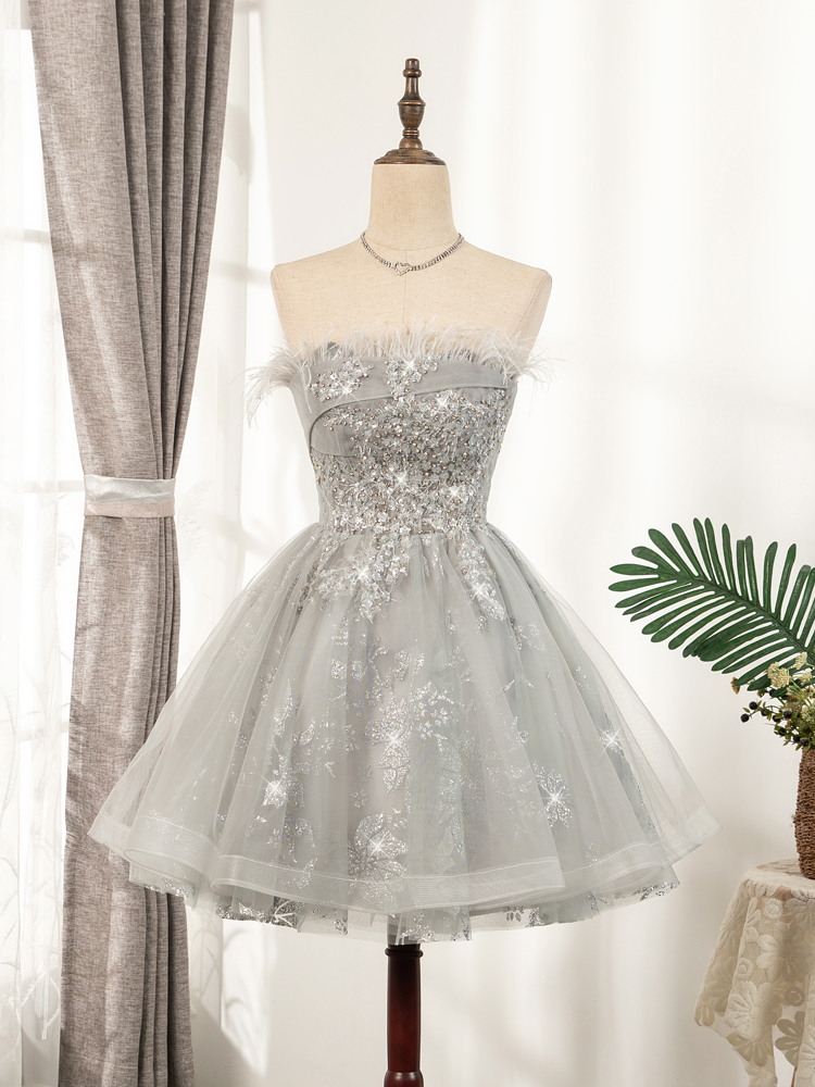 Feather bustier dress short section sexy small annual birthday celebrity temperament noble silver sequined dresses 
