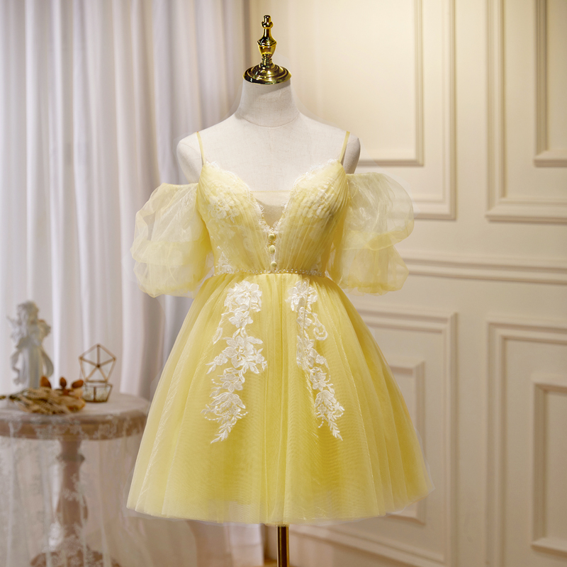 Yellow Lace Dress Halter Fairy Department Sweet Bubble Sleeve Princess Birthday Party Small Annual Meeting Short Dress