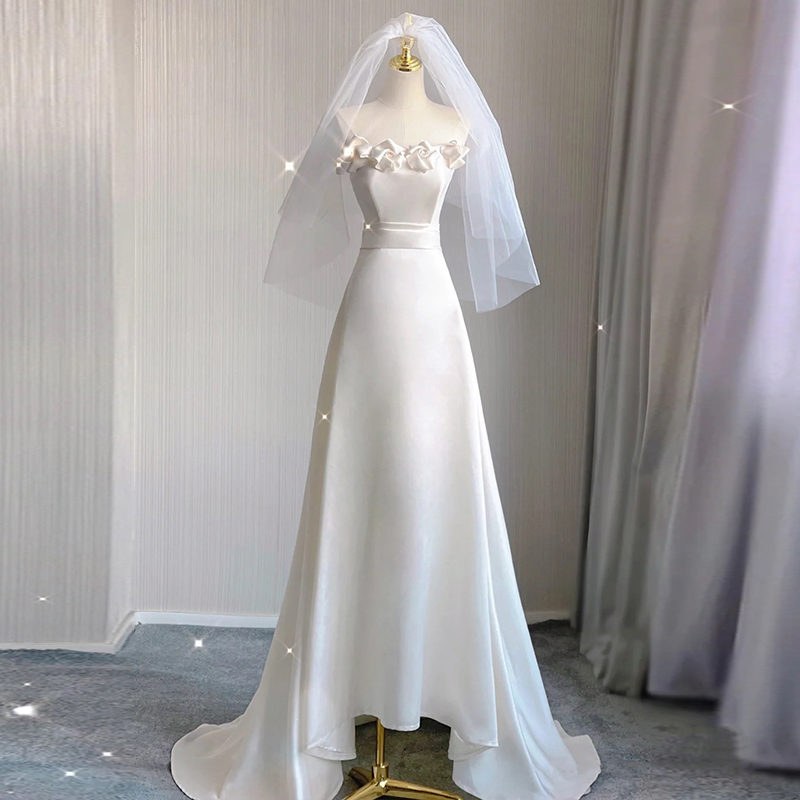 Light Wedding Dress Bride Senior Sense Of Temperament Satin Breasted Out Of Doors Veil Small Trailing