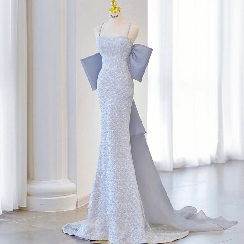 Blue light wedding dress senior sense of suspenders fishtail out of doors yarn new bride wedding evening dress