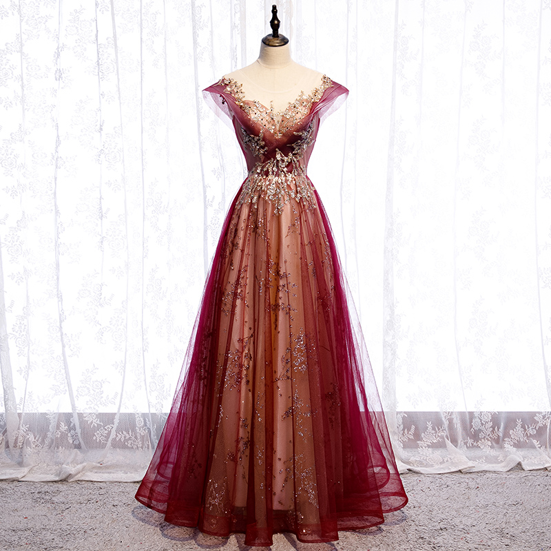 Evening Dress Appliques Bling Sleeveless A-Line Floor-Length Lace O-Neck Luxurious Burgundy Tulle Party Formal Gown Woman