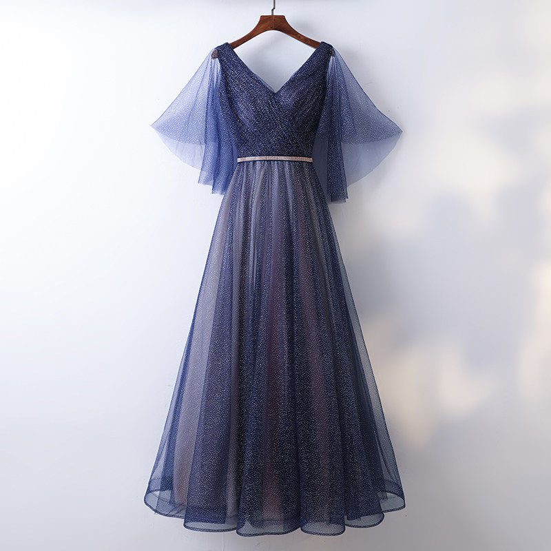 Evening Dress Sequins Elegant V-neck Simple A-line Empire Short Sleeves Floor-length Plus Size Women Formal Party Gown