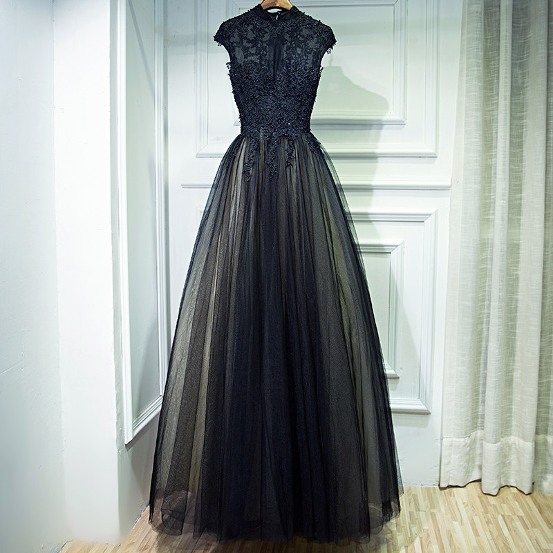 Black Evening Dress Fashion Appliques High Neck Sleeveless Pleat Tulle Floor-length Plus Size Women Formal Party Gown