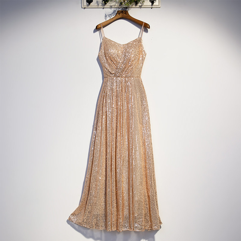 Sequins Spaghetti Strap Evening Dress V-neck Pleat Floor-length Zipper Back A-line Plus Size Women Formal Party Gown