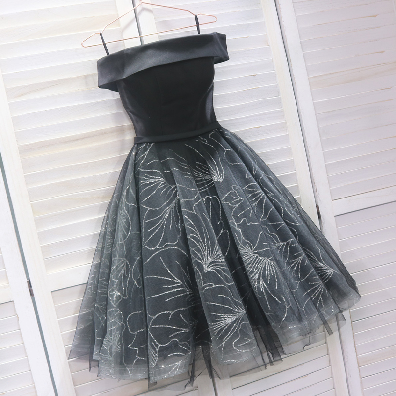 Black Dress Party Dresses Bling Sation Tulle Off The Shoulder Short Sleeves A-line Tea-length Plus Size Women Prom Gowns
