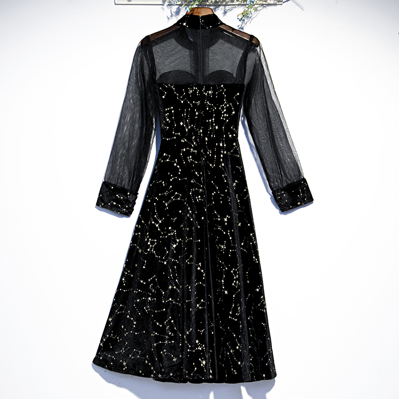 Black Elegant Evening Dress Full Sleeves High Neck Zipper Back Tea-length A-line Sequins Plus Size Women Formal Party Gown