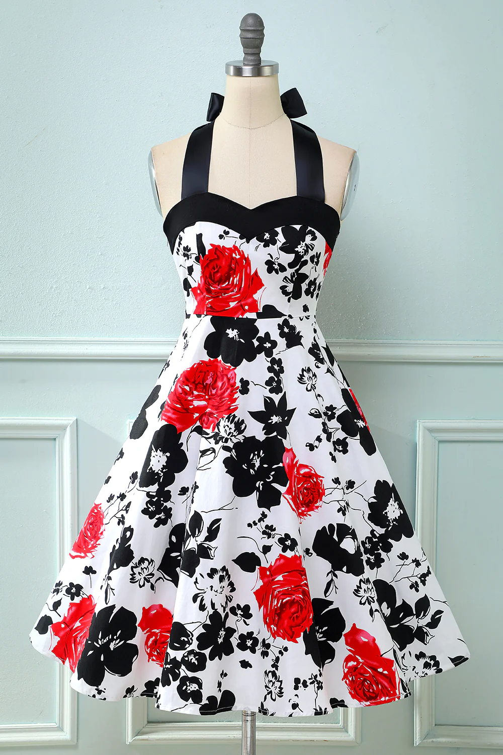 Retro Halter Printed Vintage Dress Knee-length Homecoming Dresses