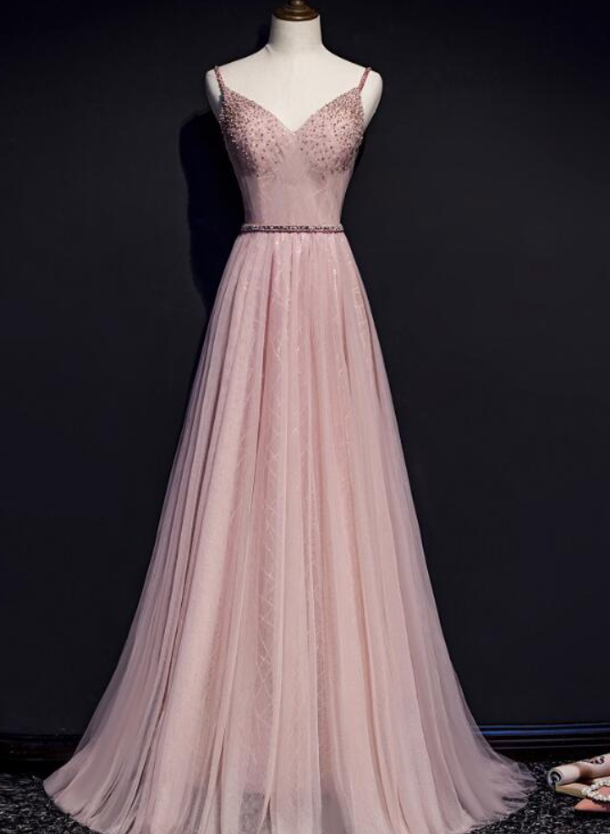 Prom Dresses, Pink V-neckline Beaded Tulle Prom Dress