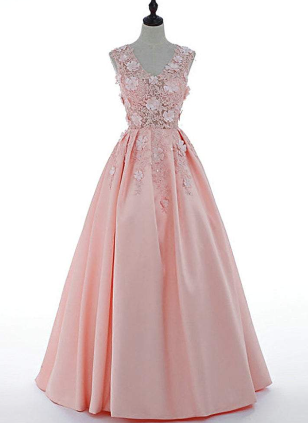 Prom Dresses, Pink Satin Flowers Floor Length Junior Prom Dress