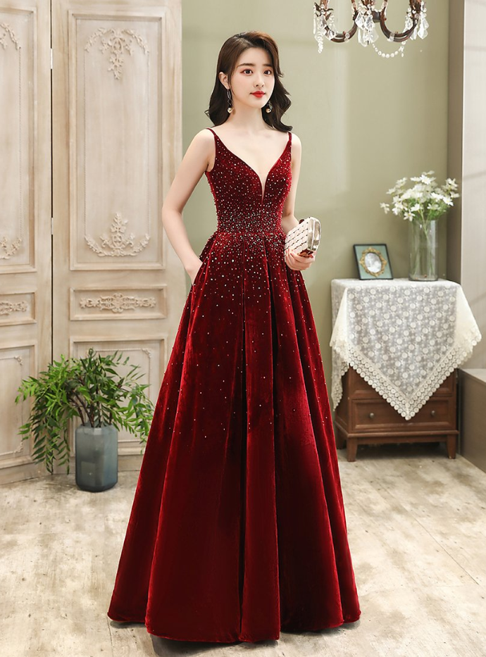 Prom Dresses, Wine Red Velvet Straps Long Evening Dress, Floor Length Style Prom Dress