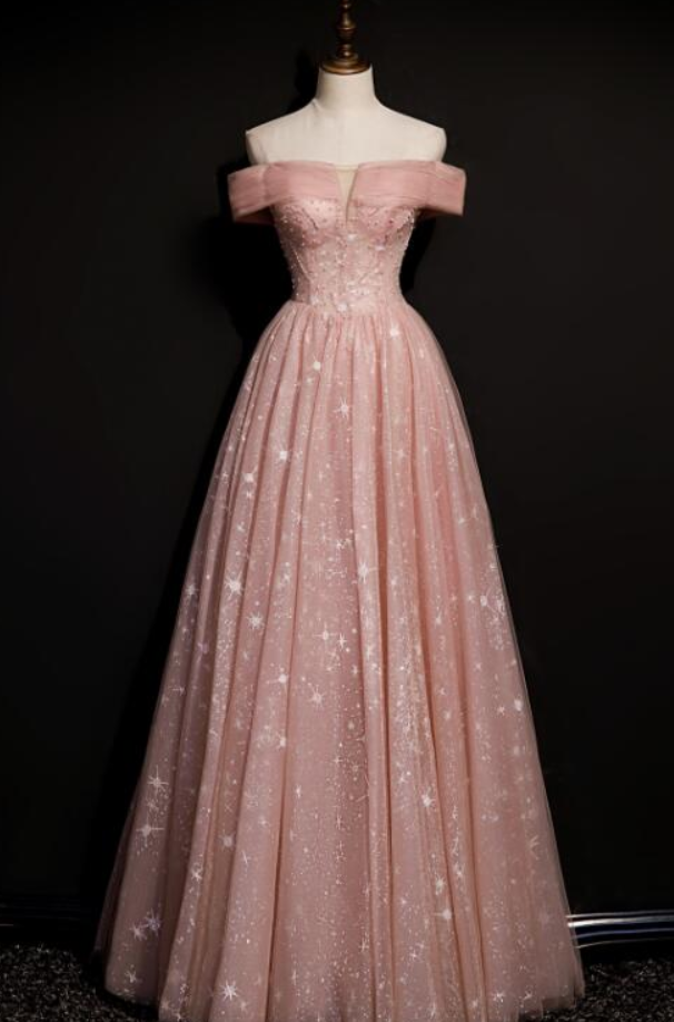 Prom Dresses, Off Shoulder Pink Tulle Long A-line Prom Dress With Beadings