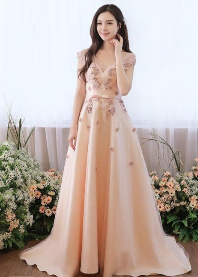 Prom Dresses, Champagne Satin And Tulle Long Party Dress With Flowers Lace
