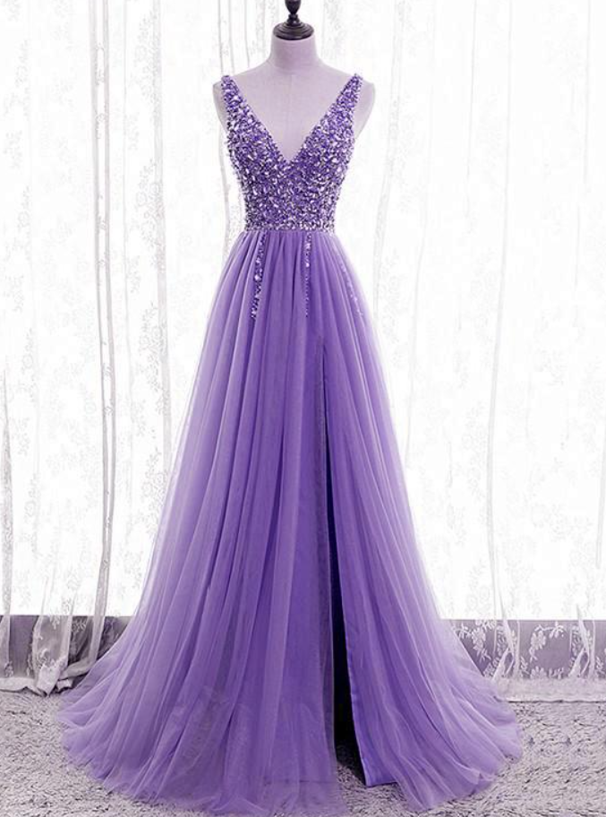 Prom Dresses, Purple Beaded V-neckline Tulle Sparkle Party Dress Evening Dress
