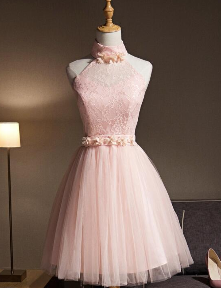 Homecoming Dresses, Lovely Pink Halter Tulle Flowers Short Prom Dress Homecoming Dress