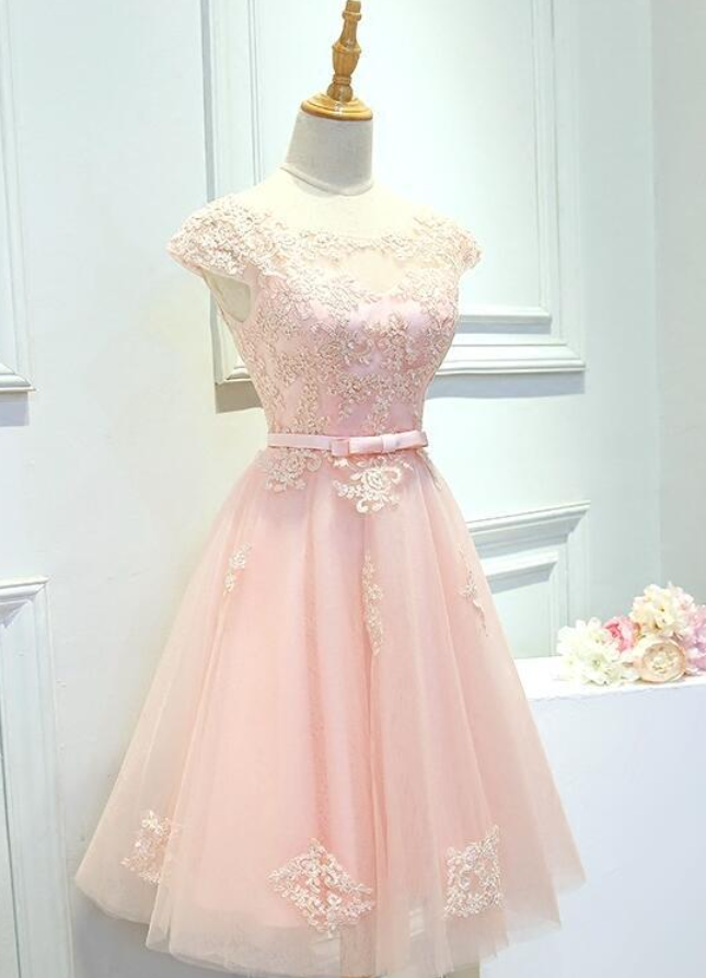 Homecoming Dresses, Pink Tulle Cap Sleeves Lace Applique Party Dress Homecoming Dress