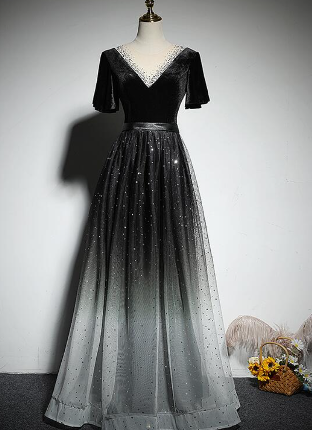 Prom Dresses, Black Gradient Tulle And Velvet Short Sleeves V-neckline Tulle Party Dress