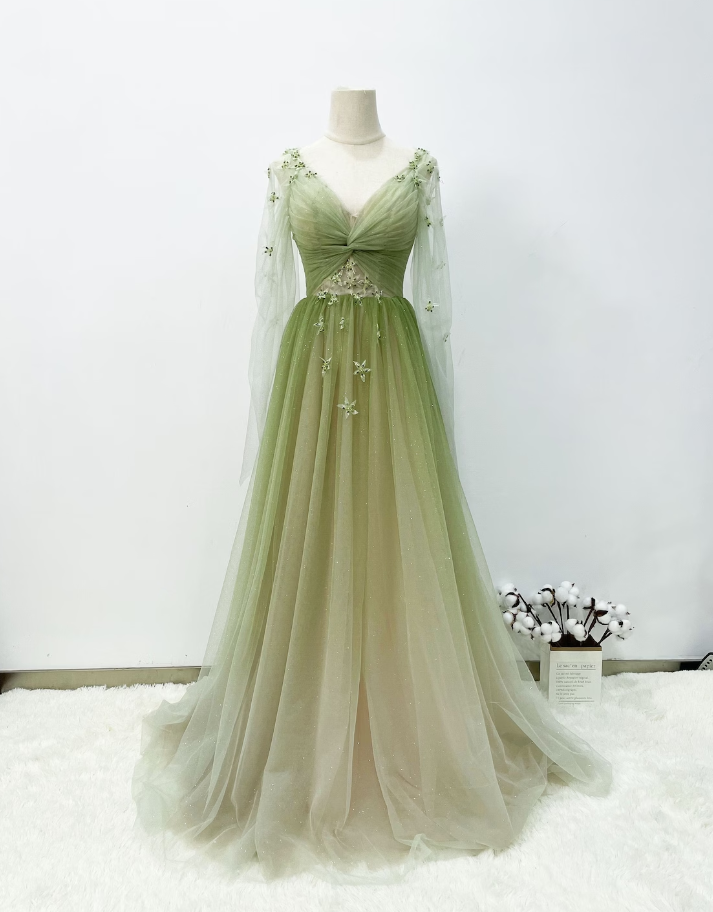 Prom Dresses, Gradient Green Prom Gown Soft Tulle Evening Dress