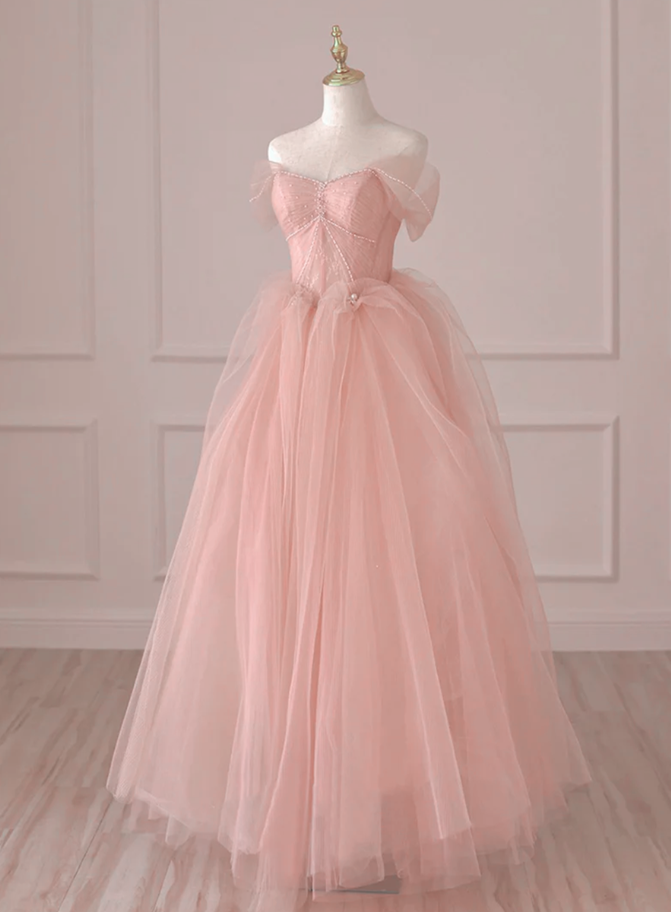 Prom Dresses, Pink Tulle Off Shoulder Lace And Beaded Prom Dress