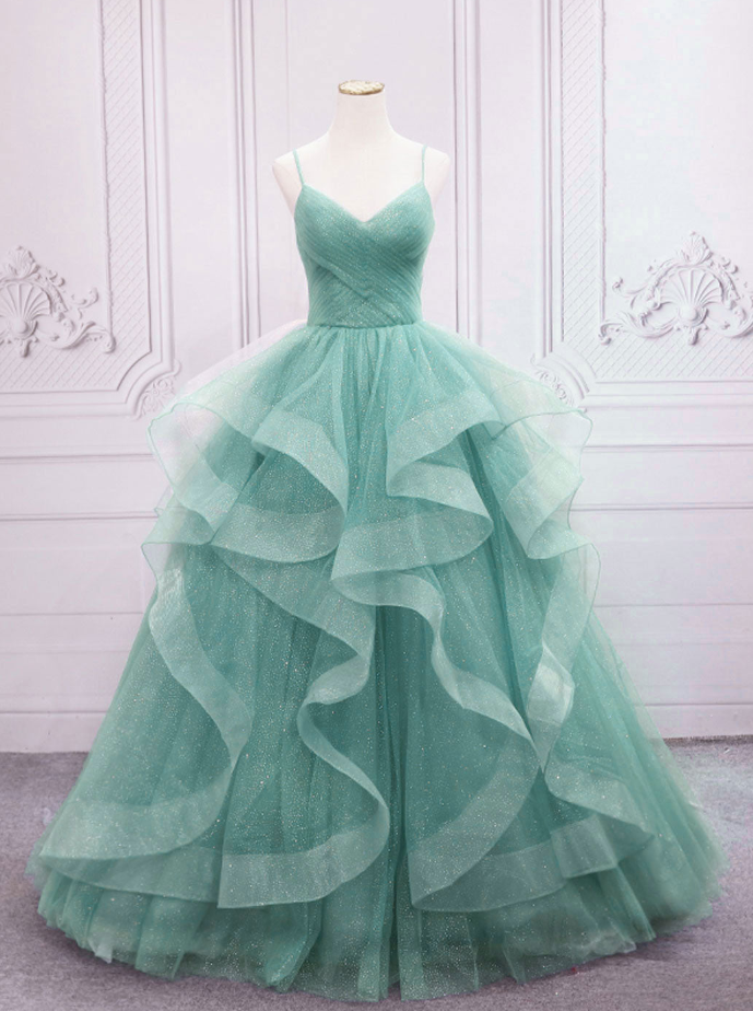 Prom Dresses, Green A-line V Neck Tulle Long Prom Dress