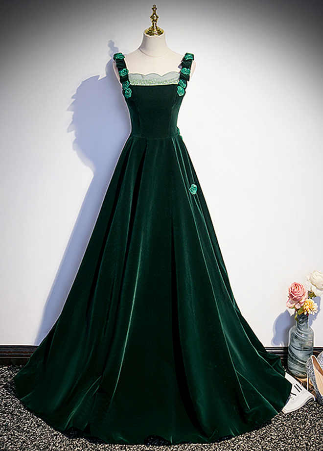 Prom Dresses,green Velvet Straps Long Formal Gown With Flowers