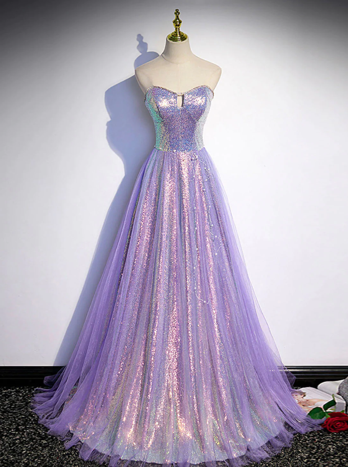 Prom Dresses,lovely Purple Tulle And Sequins Long Sweetheart Formal Dress