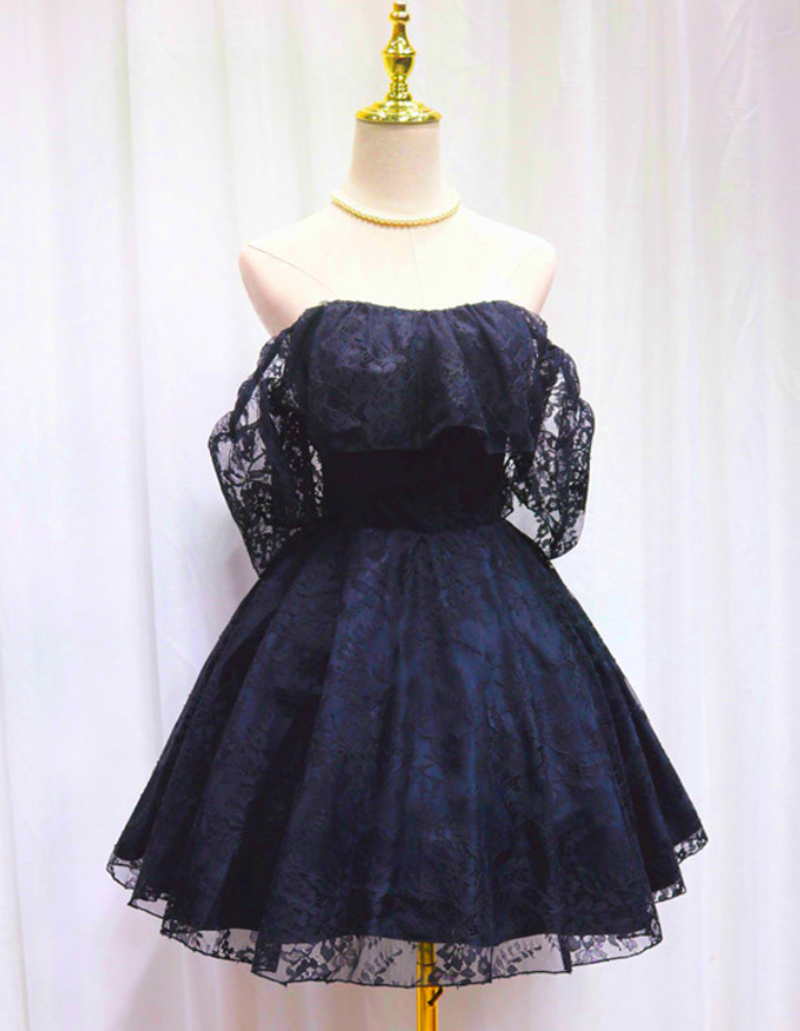Homecoming Dresses,navy Blue Lace Off Shoulder Short Party Dress