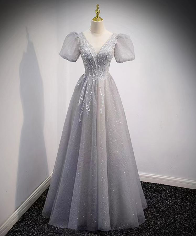 Prom Dresses,grey Evening Dress, Fairy Prom Dress,v-neck Party Dress