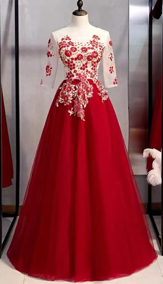 Prom Dresses,red Dress,mid Sleeve Formal Dress ,chic Prom Dress With Applique