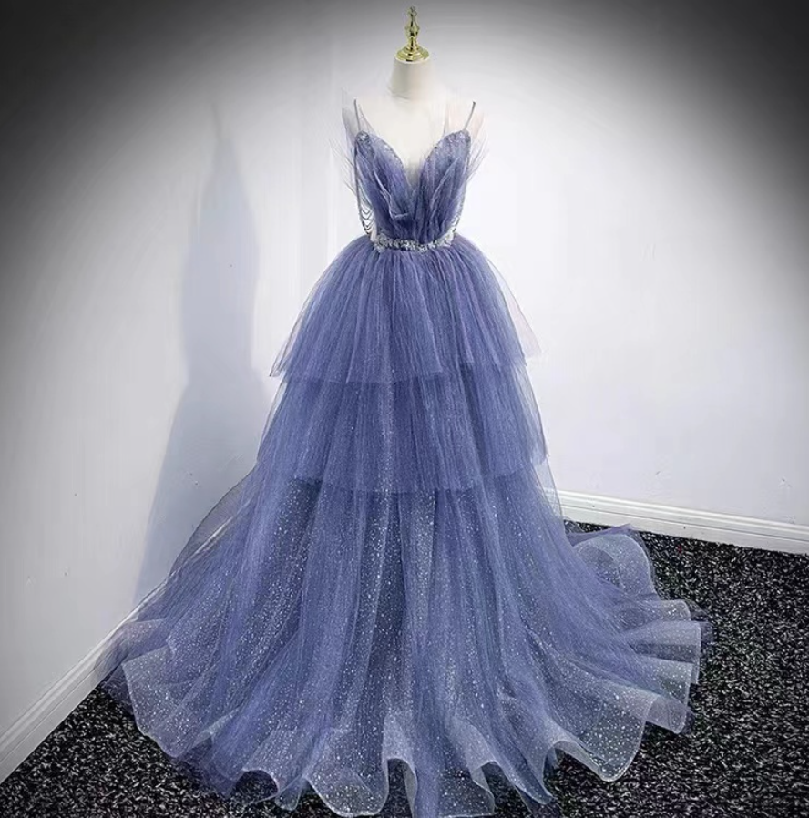 Prom Dresses,spaghettis Strap Evening Dress, Style Blue Dress, Princess Prom Dress