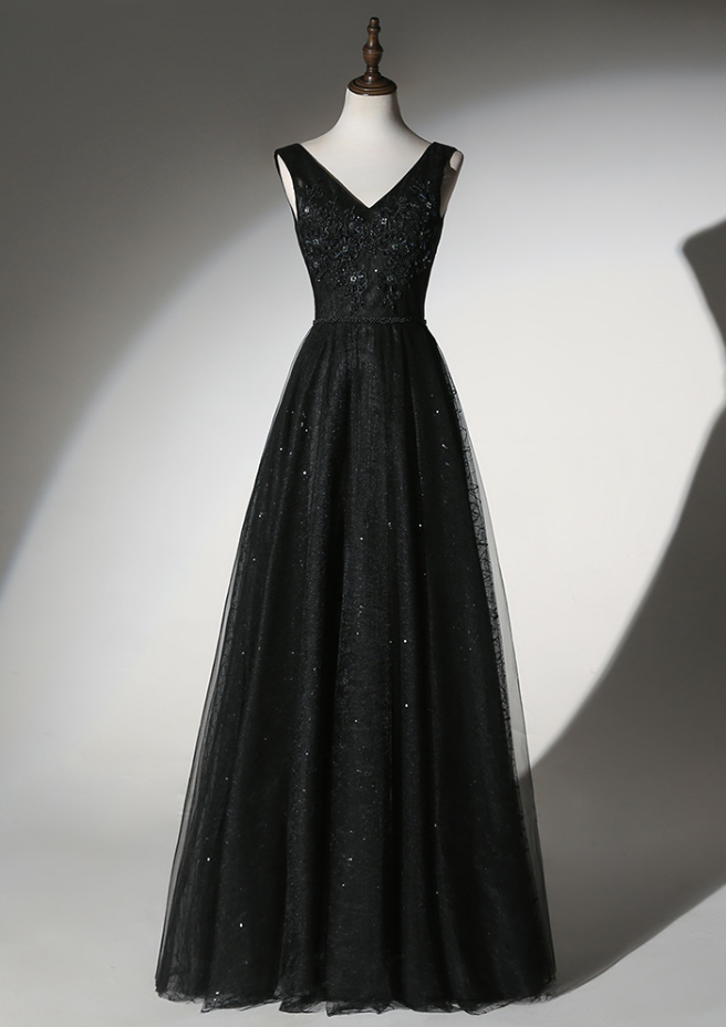 Prom Dresses,v-neck Prom Dress,black Party Dress,shiny Prom Dress