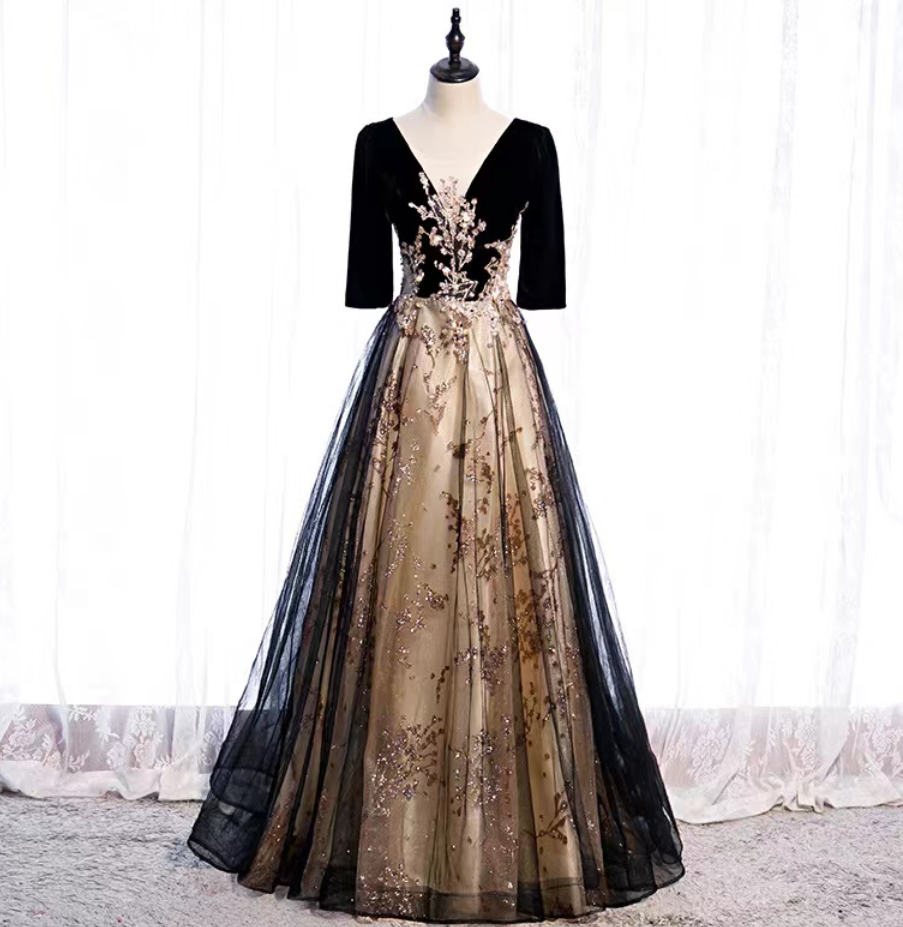 Prom Dresses,v-neck Prom Dress,black Party Dress, Shiny Evening Dress
