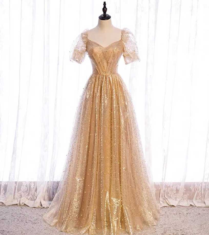 Prom Dresses,, Long Prom Dress, Shiny Fairy Dress, V-neck Gold Dress