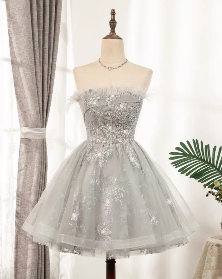 Homecoming Dresses,feather Strapless Party Dress, Short Sexy Homceoming Dress, Elegant Silver Sequin Dress