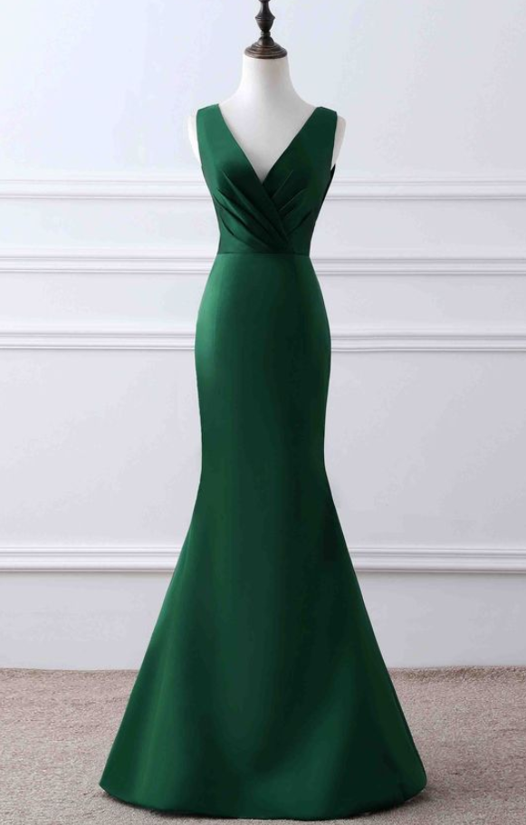 Prom Dresses,green Matte Satin Prom Dress, V-neck Mermaid Dress ,unique Design Evening Dress
