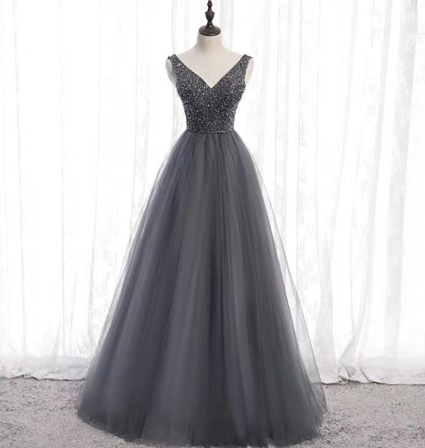 Prom Dresses, Dark Grey Party Dress V Neck Evening Dress Tulle Beading Formal Dres