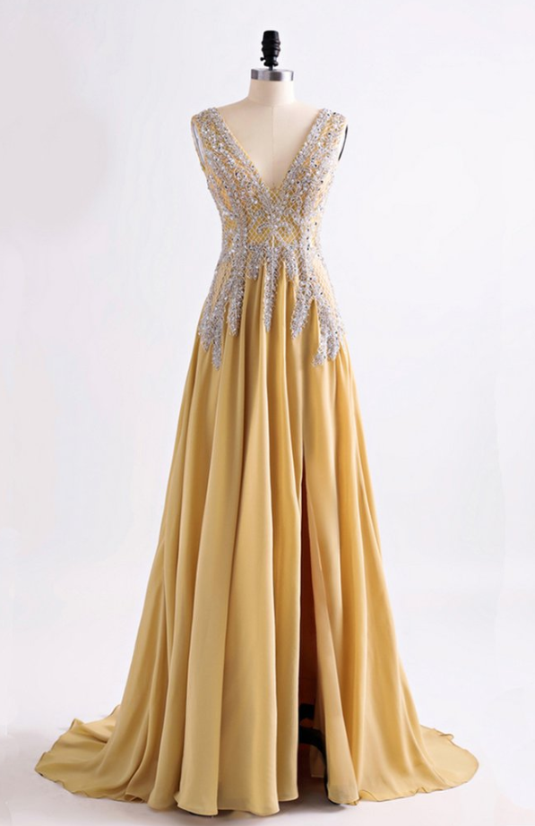 Prom Dresses, Yellow Chiffon V Neck, Long Open Back Slit Evening Dress, Sequins Long Prom Dress