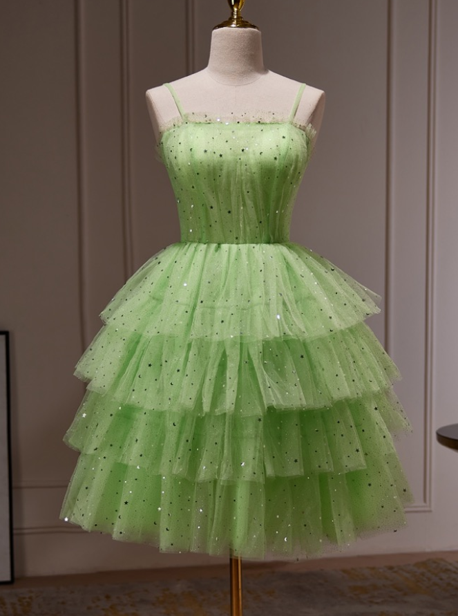 Homecoming Dresses,spaghetti Strap Evening Dress,green Prom Dress, Starry Sky Party Dress,dream Birthday Dress