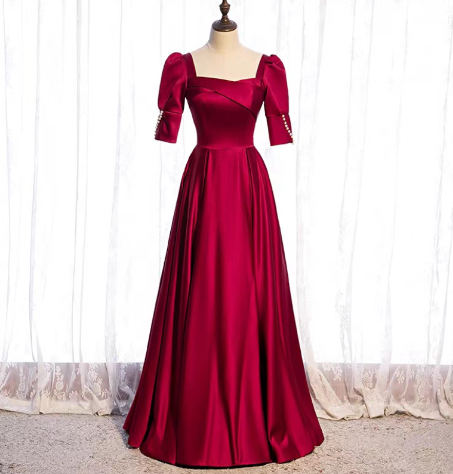 Prom Dresses, Long Red Dress, Satin Evening Dress, Square Collar Formal Dress