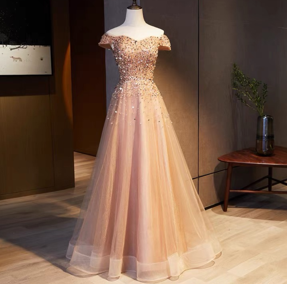 Prom Dresses, Heavily Handmade, Sequin Evening Dress, Off-the-shoulder Tulle Evening Dress